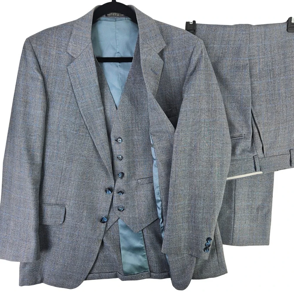 Vintage 80s Blue Grey Glen Plaid‎ 3pc Suit Single Breasted 2 Button Med ~40R-42R